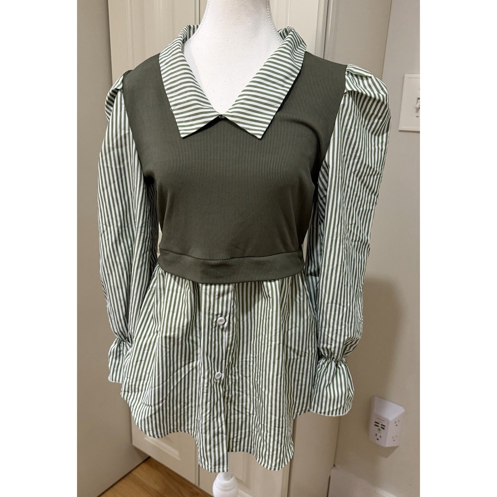 Women's Green Striped Peplum Shirt Ribbed Knit Preppy Cottagecore L Collared EUC